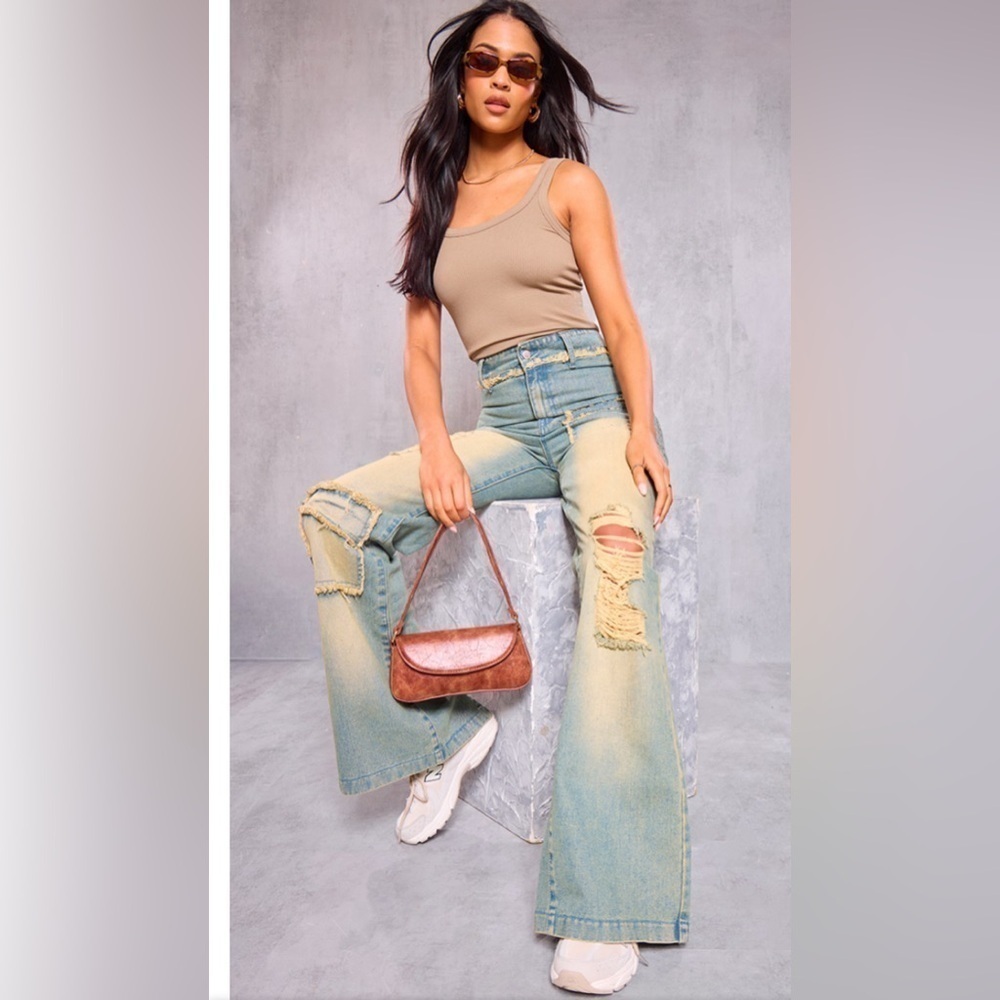 PrettyLittleThing Tall Distressed Detail High Waist Wide Leg Jeans Women’s Size4